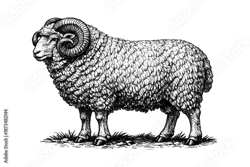 Detailed black and white illustration of a ram with curled horns