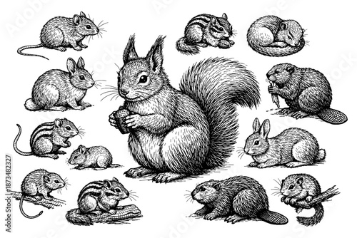 Detailed sketch of woodland animals: squirrel, beaver, chipmunk, mouse, rabbit