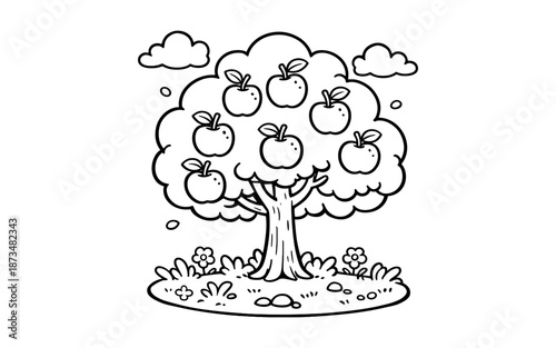 Playful hand-drawn apple tree with cute blossoms and clouds