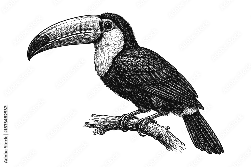 Obraz premium Monochrome toucan illustration on branch