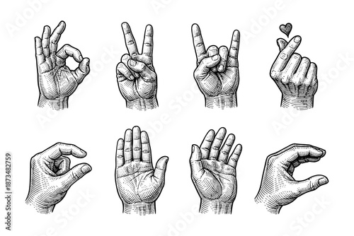 Black and white hand gestures illustrating various signs and symbols