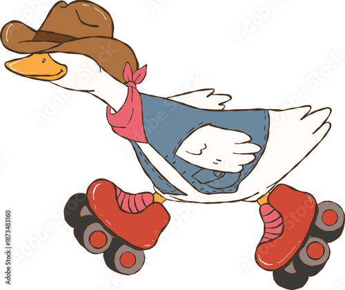 cute cowboy goose illustration, smiling goose cowboy cartoon, friendly western goose Roller skate.