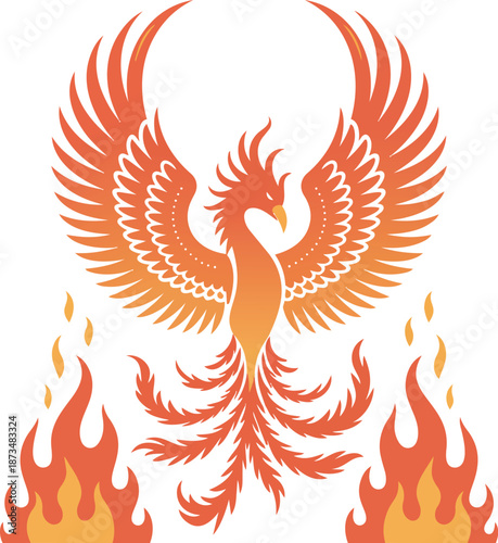 vector illustration of phoenix rising from celestial flames, feathers shimmering with cosmic energy