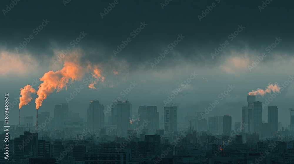 Obraz premium carbon credit, pollution, factory, smoke, energy, industrial, ecology, sky, smog, power, steam, environment, plant, air, gas, chimney, environmental, toxic, chemical