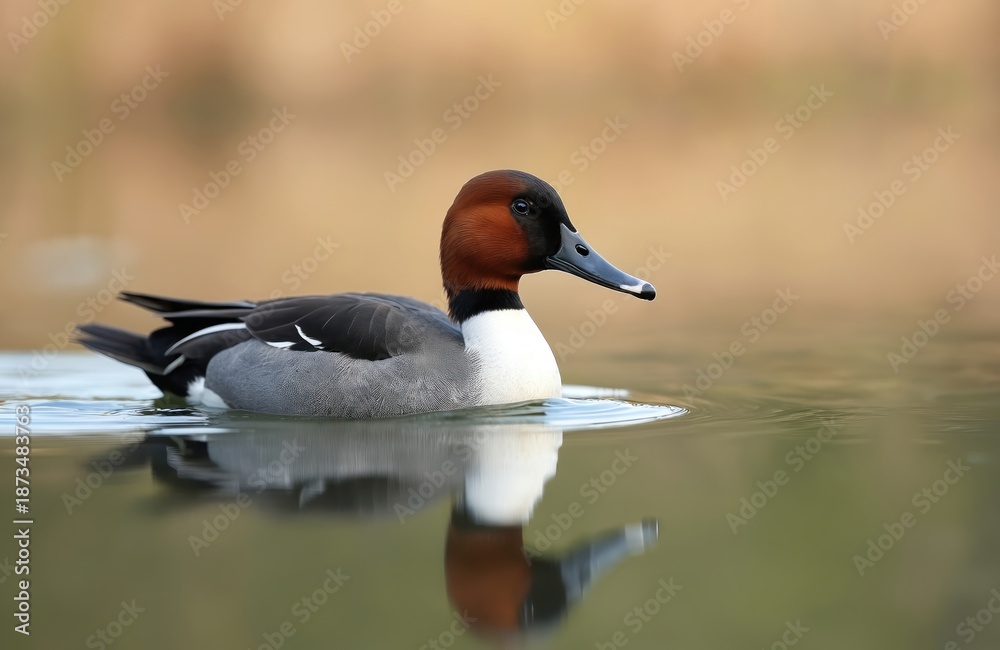 Obraz premium Northern pintail male swims in pond in spring. Wild duck floats on water surface with reflection. Colourful bird beautiful plumage, long beak. Ornithology research. Wildlife conservation, protection