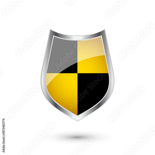 Glossy shield with yellow and black pattern. Security and protection concept. Cyber safety icons, internet privacy, web defense, digital data protection and antivirus themes. Vector illustration