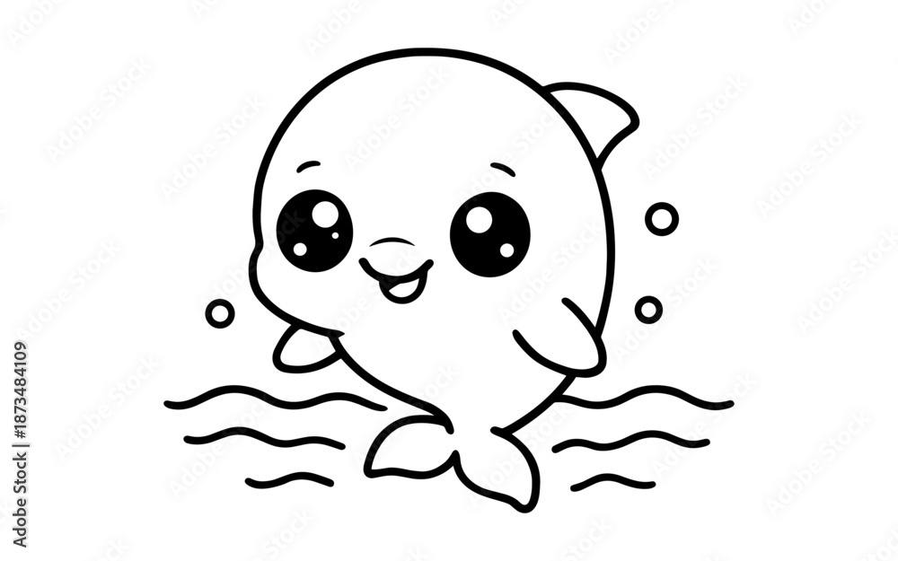 Fototapeta premium Cute cartoon dolphin with big eyes in black and white outline style