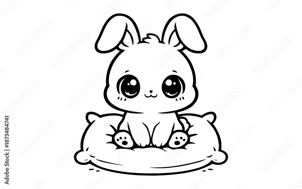 Fototapeta premium Cute cartoon bunny sitting on cushion with adorable eyes