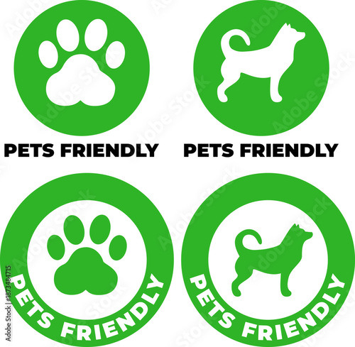 Green pet icons with paw print and dog silhouette for veterinary services and hospitality symbols. Circular green labels, pet-friendly badges, and pet stickers. Veterinary care