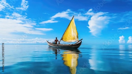 Fisherman sailing tropical sea.