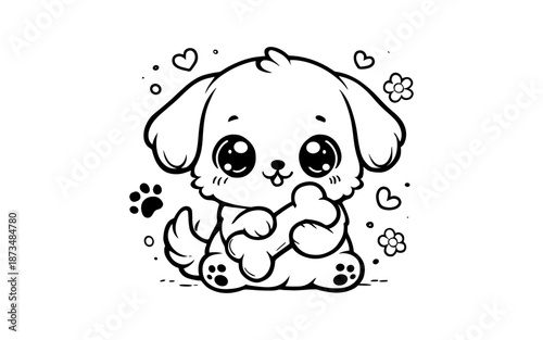 Cute kawaii puppy with bone and hearts in black and white cartoon style