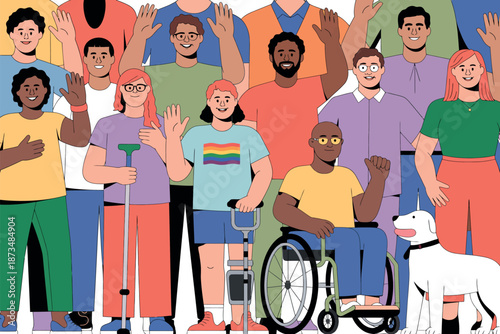 A diverse group of people with disabilities and their allies waving and smiling together in solidarity and support.