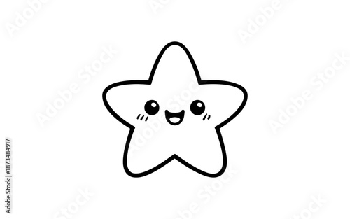 Cute smiling kawaii star with blushing cheeks in black linear art