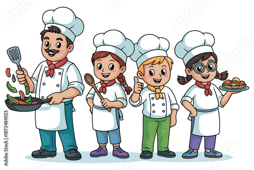 A group of happy cartoon chefs wearing white hats and aprons standing together in a kitchen