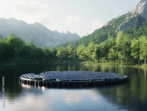 Floating solar panels with mountain lake.