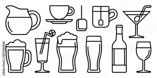 A collection of various beverage glasses and cups in a simple line drawing style