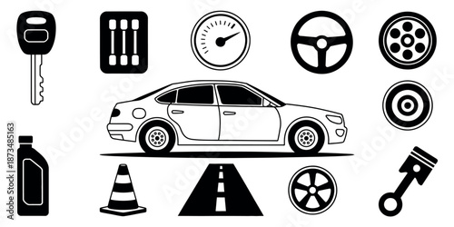 A collection of car related icons and symbols on a white background