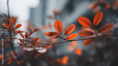 Warm Autumn Hues: Detailed Close-Up of Vibrant Orange Leaves on a Twig