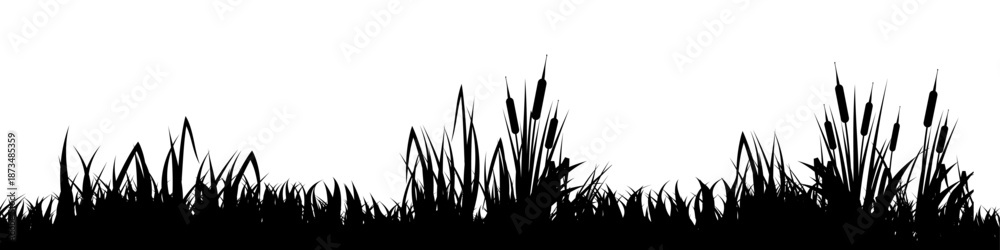 Fototapeta premium Meadow silhouette with grass, plants on plain. Panoramic summer lawn landscape with herbs, various weeds. Herbal border, frame element. Black horizontal banners. Vector illustration