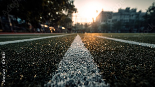 Perspective shot of white line marking on green sports field outdoors