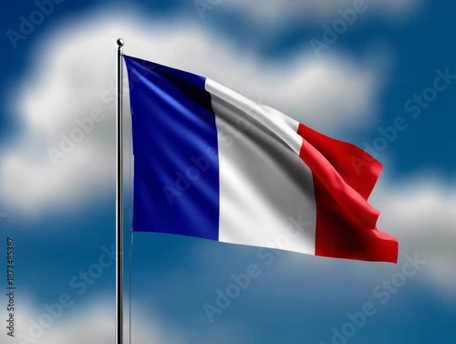 French Flag with Sky, Clouds, and Wave.