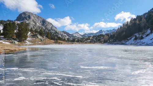 Frozen lake with mountain landscape.