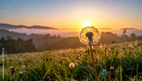 A close-up shot of a dandelion seed head, backlit by the rising sun, with a blurred field and misty mountains © Jans