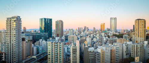 Photography Tokyo city skyline at sunrise with modern high‑rising buildings set against a pink and soft blue sky, a calm and luminous morning scene across Japan