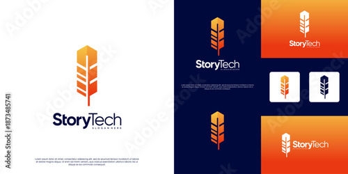 Digital story logo with a feather symbol in a technological style, sharp angles, geometric, vector design template.
