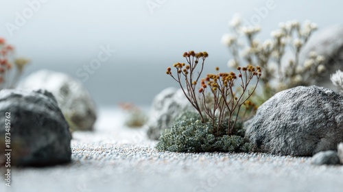 Muted Beauty: Miniature Landscape with Rocks, Plants, and Subtle Color Palette