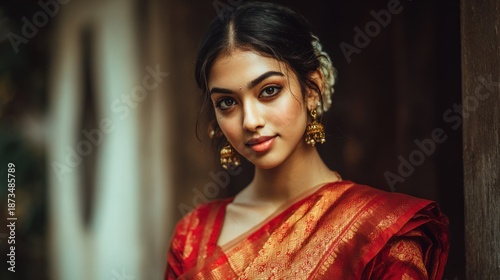 Serene young woman in traditional Indian attire capturing cultural elegance