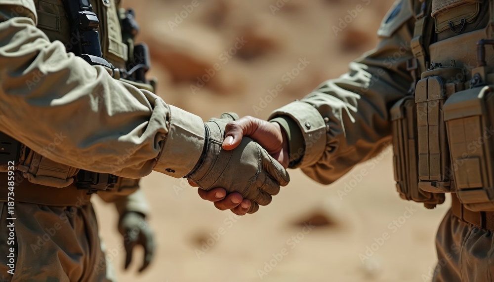 Fototapeta premium Two soldiers in desert uniforms shake hands warmly. Camouflage attire and tactical vests suggest a bond formed during difficult missions or successful operations. This shows unity and teamwork.