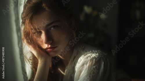 Redhead Woman in Natural Light Portrait with Freckles and Dreamy Expression