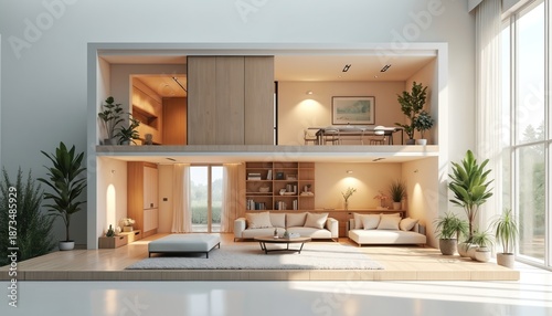 Cross section illustration of a modern home with bright interior and minimalist design. Living room features stylish furniture plants natural light and a dining area. It is a modern house plan.