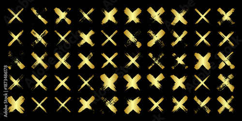 Golden grunge crosses, brush strokes, lines, ink smudges, hand-drawn scribble shapes. Handmade sketchy marks, acrylic stains, charcoal streaks. Paint textures, dry brush effect. Vector illustration