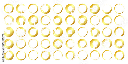 Golden grunge circles, brush strokes, lines, ink smudges, hand-drawn scribble shapes. Handmade sketchy marks, acrylic stains, charcoal streaks. Paint textures, dry brush effect. Vector illustration