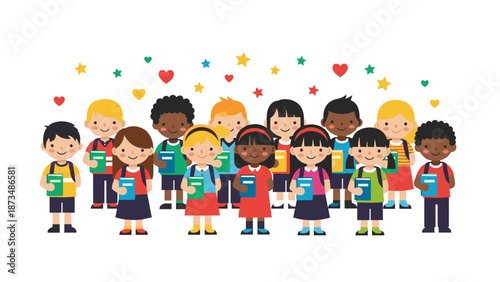 A diverse group of happy children standing together in a colorful vector illustration design