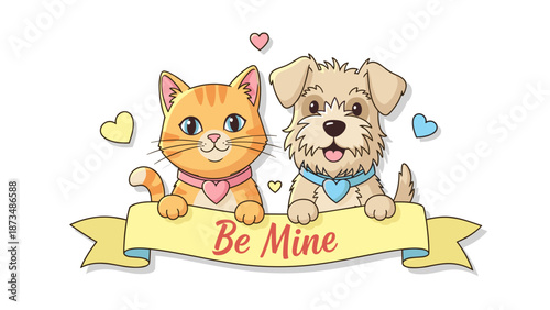 A cute cartoon cat and dog holding a banner that says Be Mine on Valentine's Day