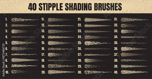 Ink scatter brush, stipple drawing and texturing. Fading gradient. Stippling, dotwork drawing, shading using dots. Halftone disintegration effect. White noise grainy texture. Vector illustration