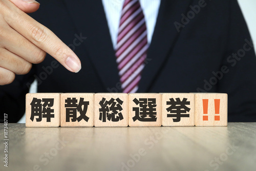 スーツの男と解散総選挙の木ブロック。