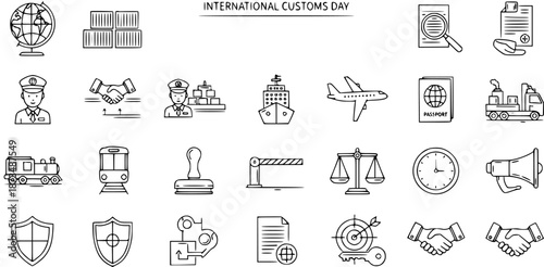 International Customs Day Icons Set: Logistics, Shipping, Transportation, Security, Travel, Finance, Trade, Law - Black  White Line Art