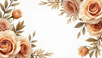 Elegant rose flowers with brown leaves, subtle gold glitter decorate clean white background. Soft floral arrangement creates luxurious border for design projects, weddings, invitations, greeting