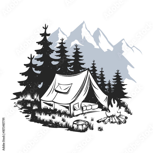 camping on the mountain vintage drawing illustration