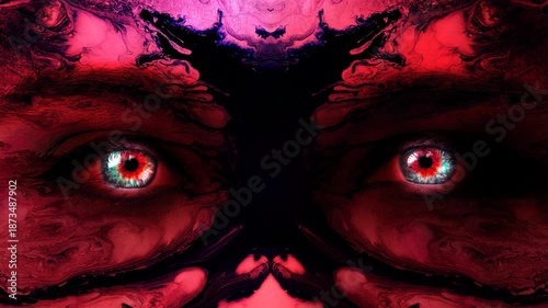 A mystic woman's face of red color close-up with colorful glowing eyes and patterns of dripping black paint on her face. Mysterious female gaze. Creative 4k time-lapse video.