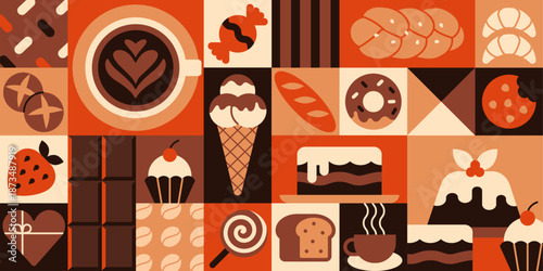 Geometric bakery pattern. Minimalistic banner with sweet desserts, candies, donut, ice cream, chocolate and coffee made from simple shapes. Design for packaging and cafe menu. Flat vector illustration