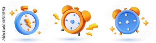 3d alarm clock icon set. Symbol of productivity, efficiency, time management, haste and energy. Realistic plasticine style vector illustration collection isolated on background