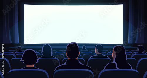 Cinema hall with white blank screen. Rear view of people sitting in dark movie theater and looking at blank screen. Rows of seats, cinema chairs. Copy space for overlay. Flat vector illustration