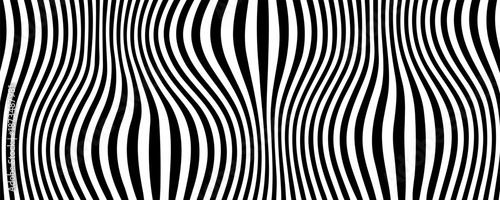 Black and white abstract background. Waves shape decoration. Optical illusion stripes style. Modern graphic design element with distorted lines concept for web, poster, flyer, card cover, or brochure