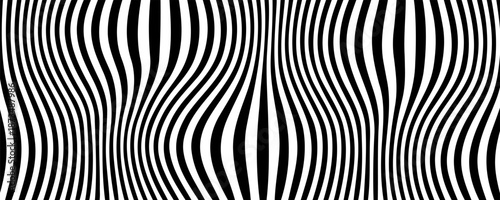 Black and white abstract background. Waves shape decoration. Optical illusion stripes style. Modern graphic design element with distorted lines concept for web, poster, flyer, card cover, or brochure