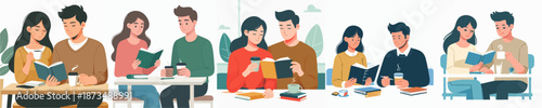 Flat Illustration Various People Reading Book and Drinking Coffee Together